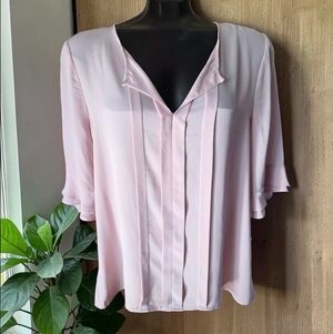 Rose & Olive Light Pink Pleated V-Neck Lightweight Blouse With Ruffle Sleeves